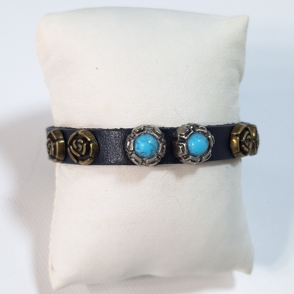 Handmade Leather & Faux Turquoise Belt Cuff Bracelet